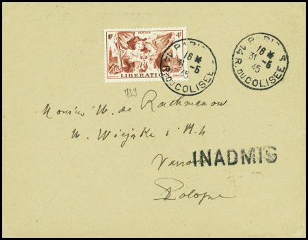 N°739 obl Paris R. du Colisée (31.5.45)) sur lettre pour la Pologne avec griffe "Inadmis". TB