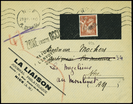 N°652 obl Nice (21.2.45) sur lettre pour Nice réexpédiée au Moulinet avec griffe noire "Zone encore occupée". TB