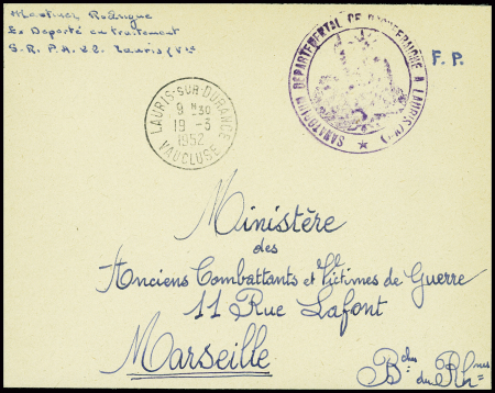 lettre en franchise avec CAD "Lauris sur Durance vaucluse" (1952) = cachet violet avec déesse assise "Sanatorium départemental de Roquefraiche