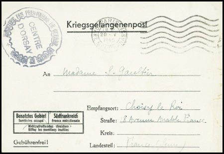 formule "Kriegsgefangenenpost" avec obl mec "Paris gare Montparnasse" (20.5.45) + cachet noir "Ministère des prisonniers de guerre, déportés et réfugiés"