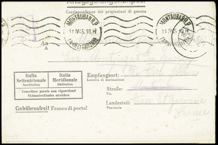 Formule avec réponse "Kriegsgefangenenpost" avec inscriptions en italien (pénurie) avec obl mec de Montauban RP (11.4.45). TB