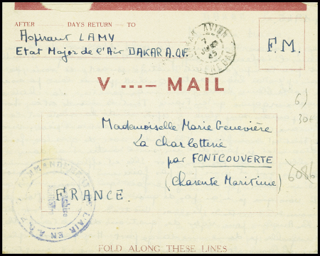 Formule V.Mail avec CAD "Dakar avion Sénégal (7.6.1945), rare utilisation en AOF. TB