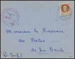 N°517 obl CAD horoplan "Groix Morbihan" (1944) sur lettre adressée au receveur des postes de La Baule avec cachet violet avec aigle