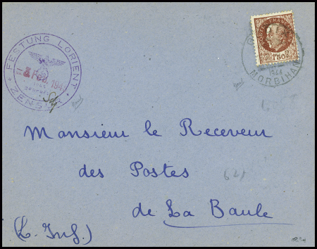 N°517 obl CAD horoplan "Groix Morbihan" (1944) sur lettre adressée au receveur des postes de La Baule avec cachet violet avec aigle