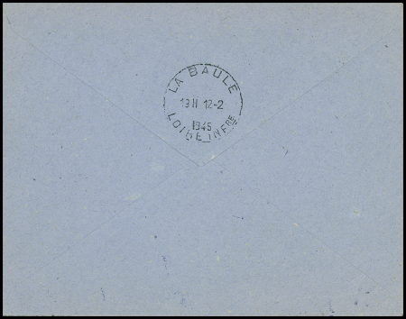 N°517 obl CAD horoplan "Groix Morbihan" (1944) sur lettre adressée au receveur des postes de La Baule avec cachet violet avec aigle