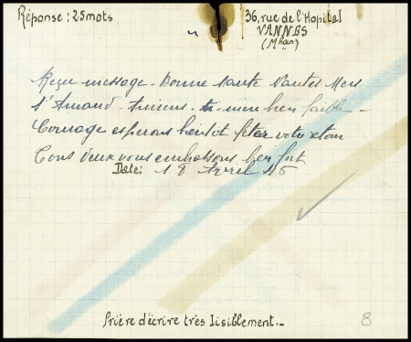 Rare petit message Croix-Rouge de fortune AFF n°549 + 652 obl Vannes Morbihan (1945) de Quiberon pour Ermont avec cachet ovale noir de censure