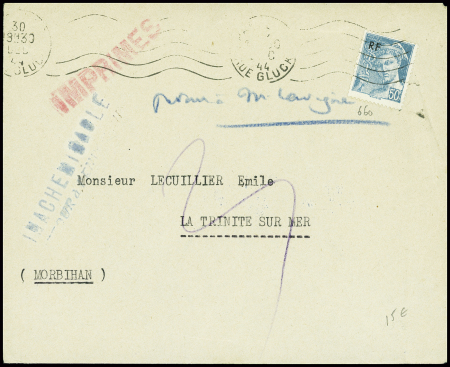 N°660 obl Paris R. Gluck (dec 1944) sur lettre pour La Trinité sur Mer (Morbihan) avec griffe bleue "inacheminable retour à l'envoyeur"