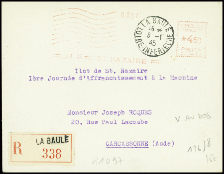 Lettre avec CAD de La Baule (8.1.45) + EMA rouge à 4F50 (1er jour de la machine à affranchir des chantiers de Penhoet urilisé à La Baule) en recommandé