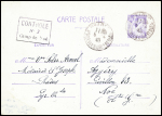 Entier carte postale 1F20 Iris violet obl Prades (5.4.45) adressé à une collaboratrice internée avec cachet rect violet "Contrôle n°3 Camp de Noé". TB