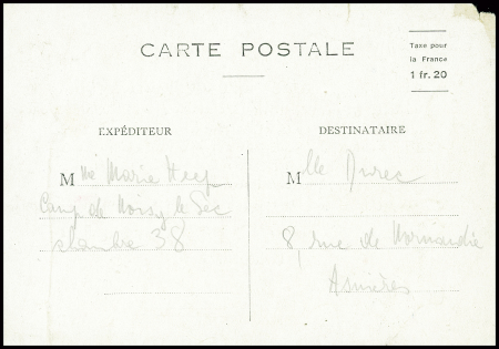 carte postale d'une collaboratrice internée au camp de Noisy le Sec avec au verso griffe violette "censuré". TB