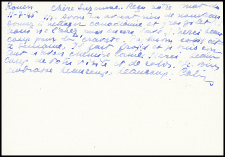 N°683 obl Rouen (11.7.45) sur entier carte postale 1F20 Iris violet avec grand cachet bleu "Centre d'internement Join - Lambert censure"