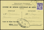 N°651 obl sur carte postale à en-tête "Centre de séjour surveillé de Sées" (Orne - collaboratrice internée) avec censure "AN". Rare et TB