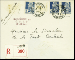 Algérie n°194, 3 pièces obl CAD "Akbou Constantine" (3.7.45) sur lettre recommandée avec griffe lilas "Censure du CSSF d'Akbou" (collaborateur interné)