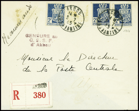Algérie n°194, 3 pièces obl CAD "Akbou Constantine" (3.7.45) sur lettre recommandée avec griffe lilas "Censure du CSSF d'Akbou" (collaborateur interné)