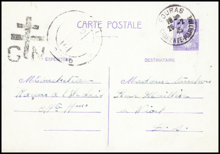 Entier carte postale 1F20 Iris violet obl CAD "Fouras Charente Maritime" (26.2.45) pour Niort avec censure noire "CN" surmontée d'une Croix de Lorraine