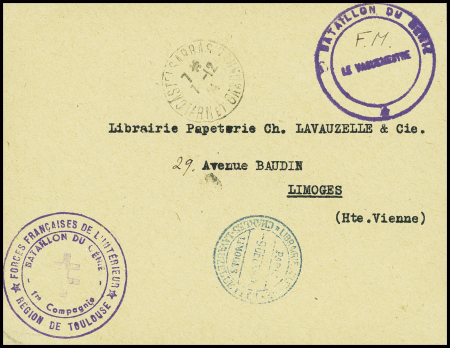 Lettre en franchise avec CAD de Castelsarrasin Tarn et Garonne" (dec 1944) avec cachet violet "1er bataillon du génie - le vaguemestre" et cachet violet