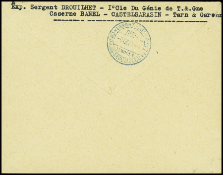 Lettre en franchise avec CAD de Castelsarrasin Tarn et Garonne" (dec 1944) avec cachet violet "1er bataillon du génie - le vaguemestre" et cachet violet