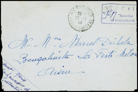 Lettre en franchise de Montauban (nov 1944) avec cachet rect bleu à croiix de Lorraine "FFI aviation le vaguemestre". TB