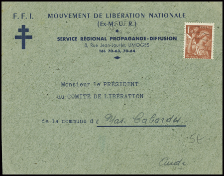 N°652 obl Limoges RP (1944) sur lettre à en-tête avec Croix de Lorraine "FFI mouvement de la Libération nationale (ex MUR) service régional propagande"