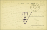 Carte postale en franchise "Gannat-Gare Allier" (8.9.44) avec cachet triangulaire noir à croix de Lorraine "FFI". TB