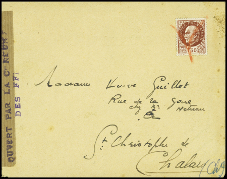 N°517 annulé croix au crayon rouge sur lettre pour st Christophe de Chalais (Charente) avec bande de papier kraft + griffe violette