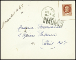 N°517, non obl, sur lettre avec CAD "Paris 96 R. Gluck" (2.11.44) + griffe "Inadmis" (2ème jour de démonétisation). TB