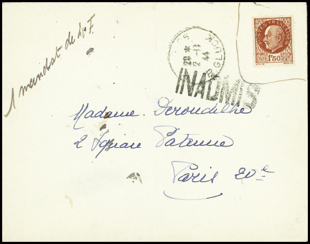 N°517, non obl, sur lettre avec CAD "Paris 96 R. Gluck" (2.11.44) + griffe "Inadmis" (2ème jour de démonétisation). TB
