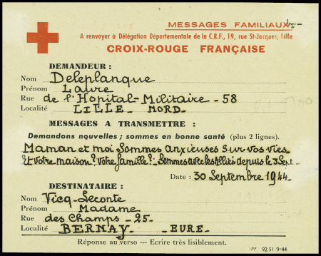 Petit message Croix Rouge de Lille (30 sept 44) pour Bernay Eure (suites de la bataille de Normandie). TB