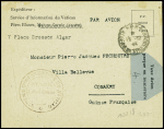 Formule du service d'information du Vatican avec CAD "PP Alger R. de Strasbourg" (17.10?44) par avion pour Conakry (Guinée)