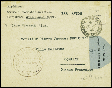 Formule du service d'information du Vatican avec CAD "PP Alger R. de Strasbourg" (17.10?44) par avion pour Conakry (Guinée)
