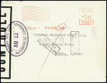 Lettre avec EMA rouge de Paris 96 (16 aout 1944) avec censure ovale violette "ouvert par les autorités de contrôle au 222" adressée à la firme allemande