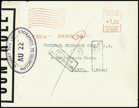 Lettre avec EMA rouge de Paris 96 (16 aout 1944) avec censure ovale violette "ouvert par les autorités de contrôle au 222" adressée à la firme allemande