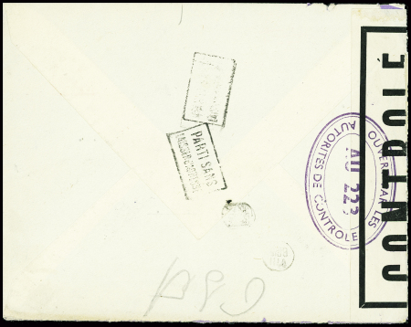 Lettre avec EMA rouge de Paris 96 (16 aout 1944) avec censure ovale violette "ouvert par les autorités de contrôle au 222" adressée à la firme allemande