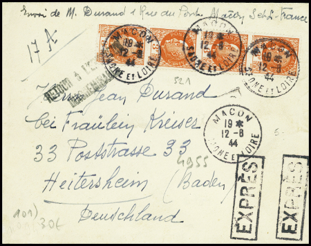 N°521, bande de 4 obl Mâcon Saone-et-Loire (12.8.1944) sur lettre par exprès pour l'Allemagne avec griffe noire "retour à l'envoyeur inacheminable"