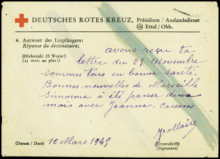 Message Croix-Rouge réponse de Cchateauneuf d'Oze par Veynes (Hautes Alpes) (25 nov 44) pour un travailleur en Allemagne avec griffe noire