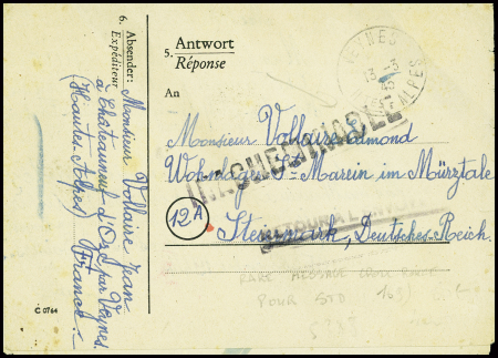 Message Croix-Rouge réponse de Cchateauneuf d'Oze par Veynes (Hautes Alpes) (25 nov 44) pour un travailleur en Allemagne avec griffe noire