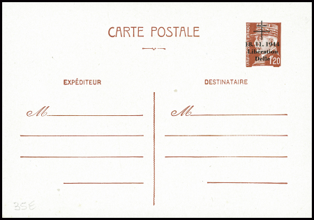 Entier carte postale 1F20 Pétain neuf avec surcharge "18.11.1944 Libération Delle" (Mayer n°29E). TB. Cote 150€