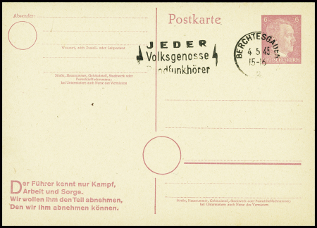 Entier carte postale 8PF Hitler obl Berchtesgaden (4.5.45). N'a pas voyagé (prise par la 2ème DB du nid d'aigle d'Hitler). TB
