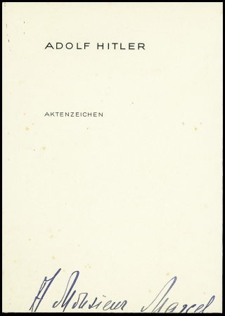 Document A4 à en-tête "Adolf Hitler Berlin W8 kanzlei des Fuhrers der NSDAP AMT 3" avec mention manuscrite
