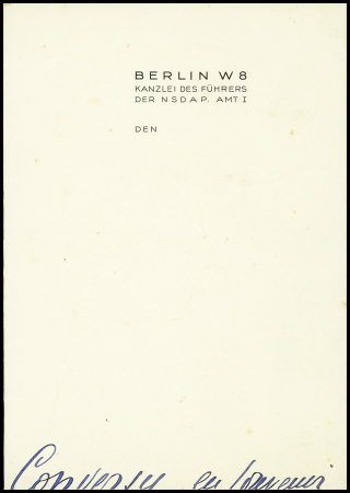 Document A4 à en-tête "Adolf Hitler Berlin W8 kanzlei des Fuhrers der NSDAP AMT 3" avec mention manuscrite