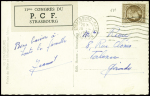 N°681 obl mec "Strasbourg-gare Bas Rhin" (25.6.1947) avec vignette "11ème congrès du PCF Strasbourg" sur carte postale. TB