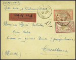 N°119 + 121 obl Paris 43 R. Littré (7.2.20) sur lettre pour Casablanca avec étiquette "par avion" n°1 à bord fins et mention manuscrite