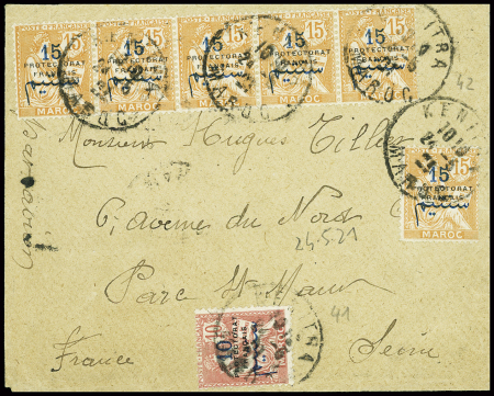 Maroc n°41 + 42, 6 pièces, type Mouchon obl Kenitra sur lettre pat avion pour Saint Maur. TB