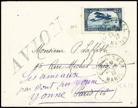 Maroc PA n°4 obl Casablanca (23.8.22) sur lettre pour Paris réexpédiée à Pont sur Yonne avec grande griffe noire "avion". TB