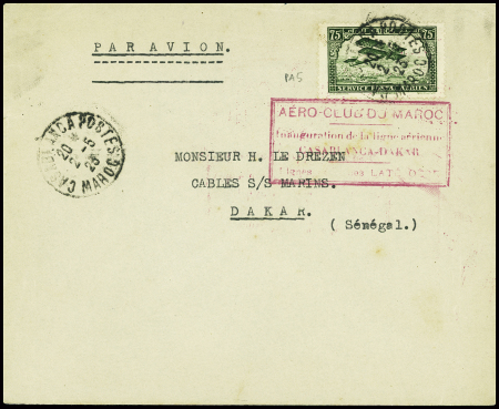 Maroc PA n°5 obl Casablanca (2.5.23) sur lettre avec cachet rect rouge "Aero-club du Maroc - Inauguration de la ligne aérienne Casablanca - Dakar