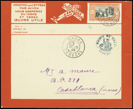 Sénégal n°76 obl Dakar (10.5.23) sur env rouge Latécoère pour Casablanca avec petit cachet bleu avec déesse assise "Mairie de Dakar Sénégal"