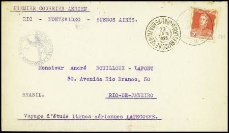 Argentine n°281 CAD "Buenos Aires enero de 1925 via aerea" sur lettre par 1er courrier aérien Rio-Montevideo - Buenos Aires avec CAD de Rio (23.1.25)