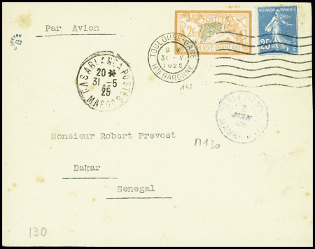 N°140 + 145 obl mec Toulouse-gare (31.5.25) sur lettre par avion pour Dakar avec au recto transits Casablanca (31.5) et Port-Etienne (2.6.25)