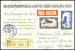 Maroc PA2 + PA10 obl Casablanca (1.5.25) sur carte postale recommandée "A la conquète des Airs", arrivée Dakar 3 juin avec curieuse invocation de Napoléon 1er