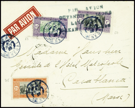 Sénégal n°63 + 67 + 76 obl Dakar (4.6.25) sur lettre pour Casablanca avec griffe bleue "Par avion ouverture ligne Latécoère Dakar - Toulouse"